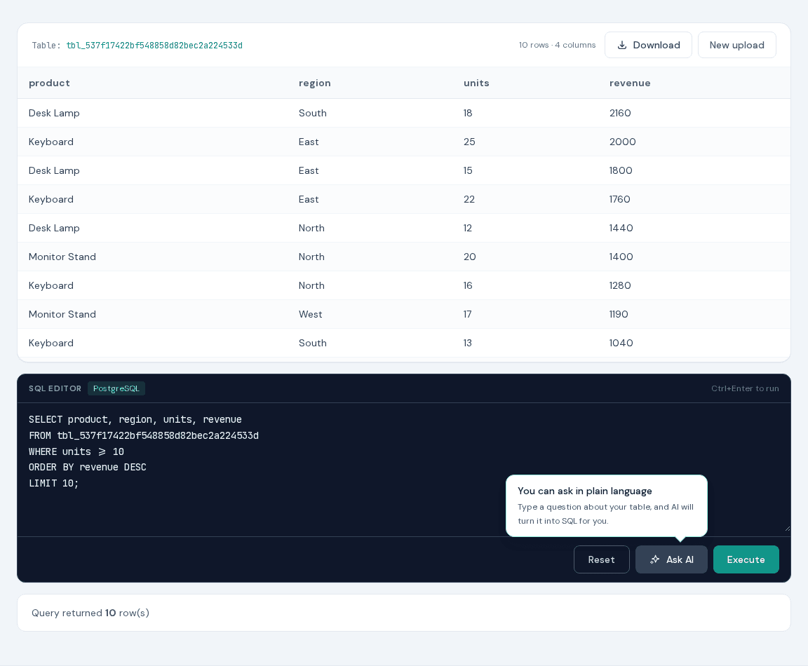 Beginner PostgreSQL SELECT query running against familiar Excel data in XLS-SQL